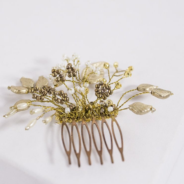 Peineta FLORECER con hojas de porcelana oro