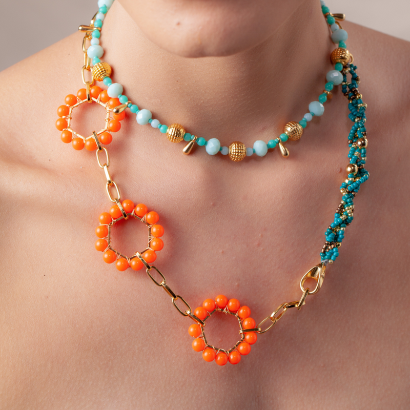 Set de collares SATÉLITES celeste, naranja y oro