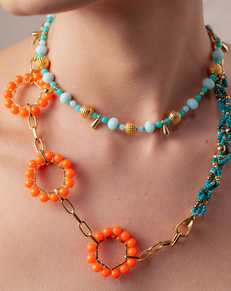 Set de collares SATÉLITES celeste, naranja y oro