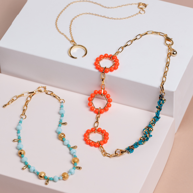 Set de collares SATÉLITES celeste, naranja y oro