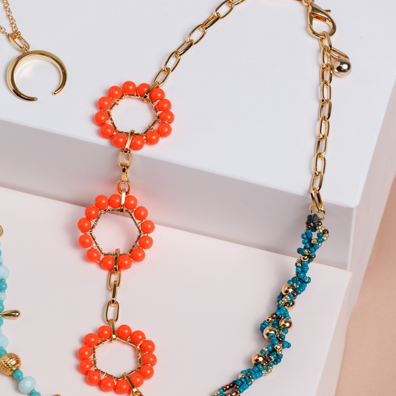 Set de collares SATÉLITES celeste, naranja y oro